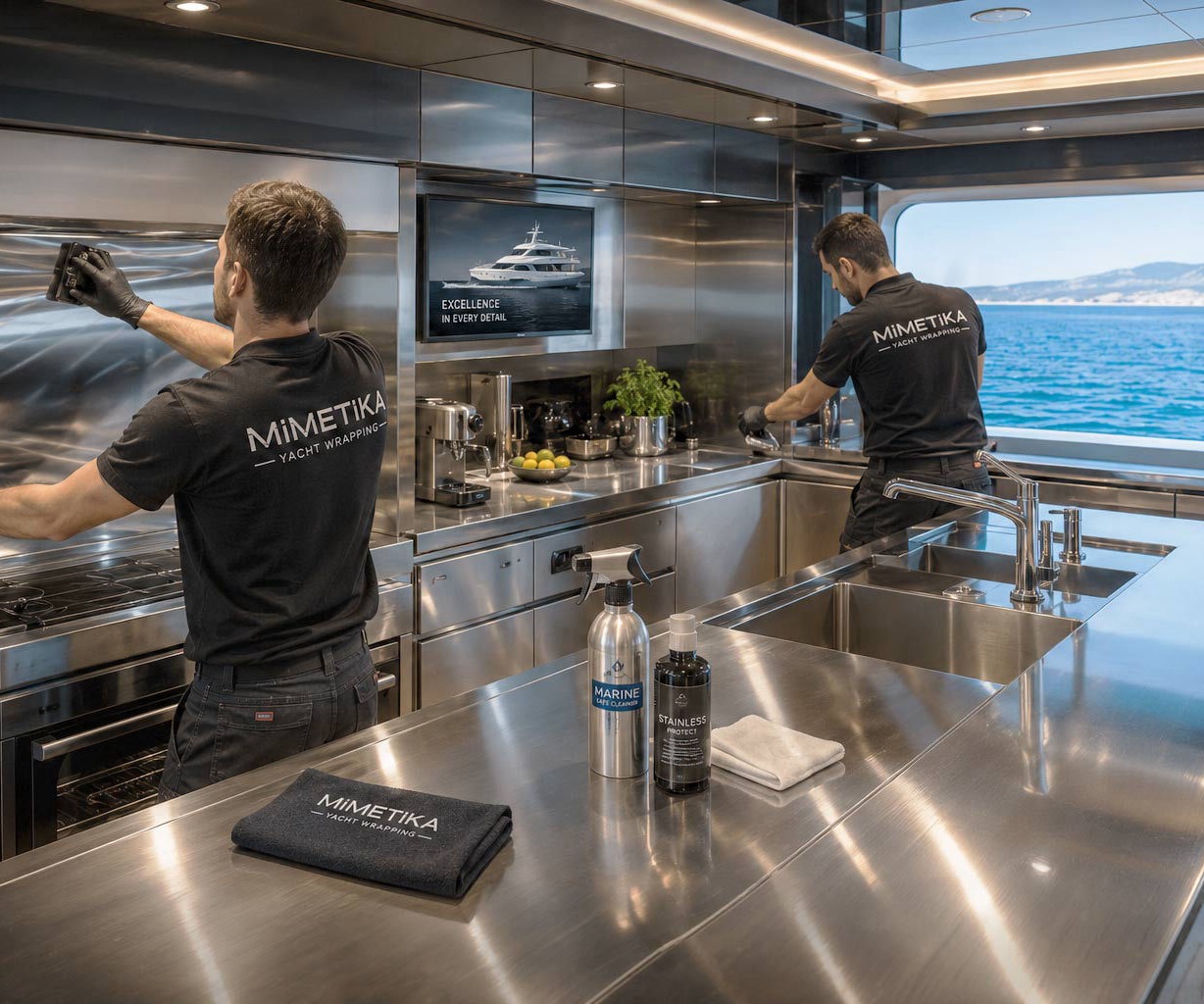 Mimetika has developed a dedicated system to protect or renew stainless steel surfaces directly onboard, avoiding costly replacement and minimizing downtime.