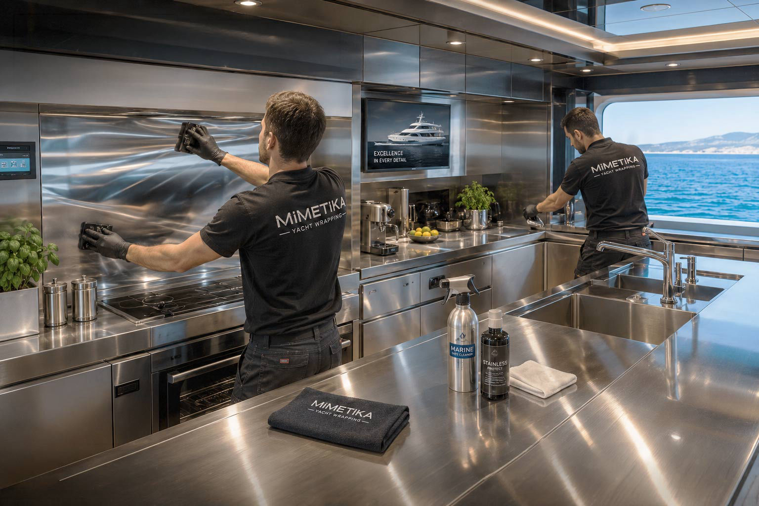 Mimetika has developed a dedicated system to protect or renew stainless steel surfaces directly onboard, avoiding costly replacement and minimizing downtime.