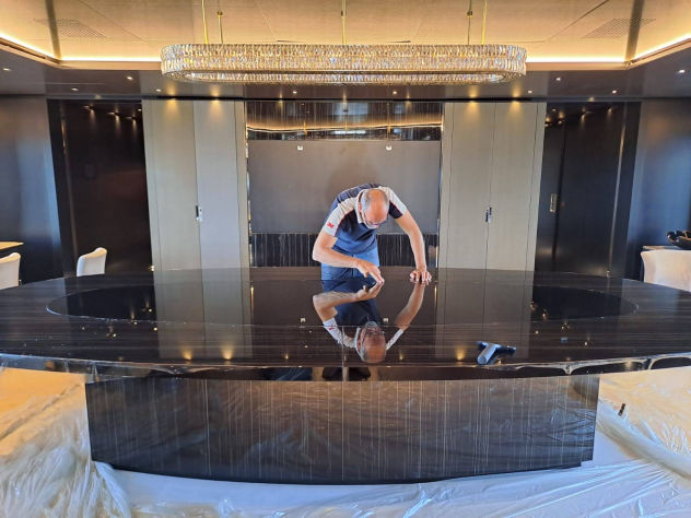 Mimetika Clear Protection System — advanced transparent protection for marble, tables and delicate surfaces on yachts and superyachts, protecting what is most difficult to repair.