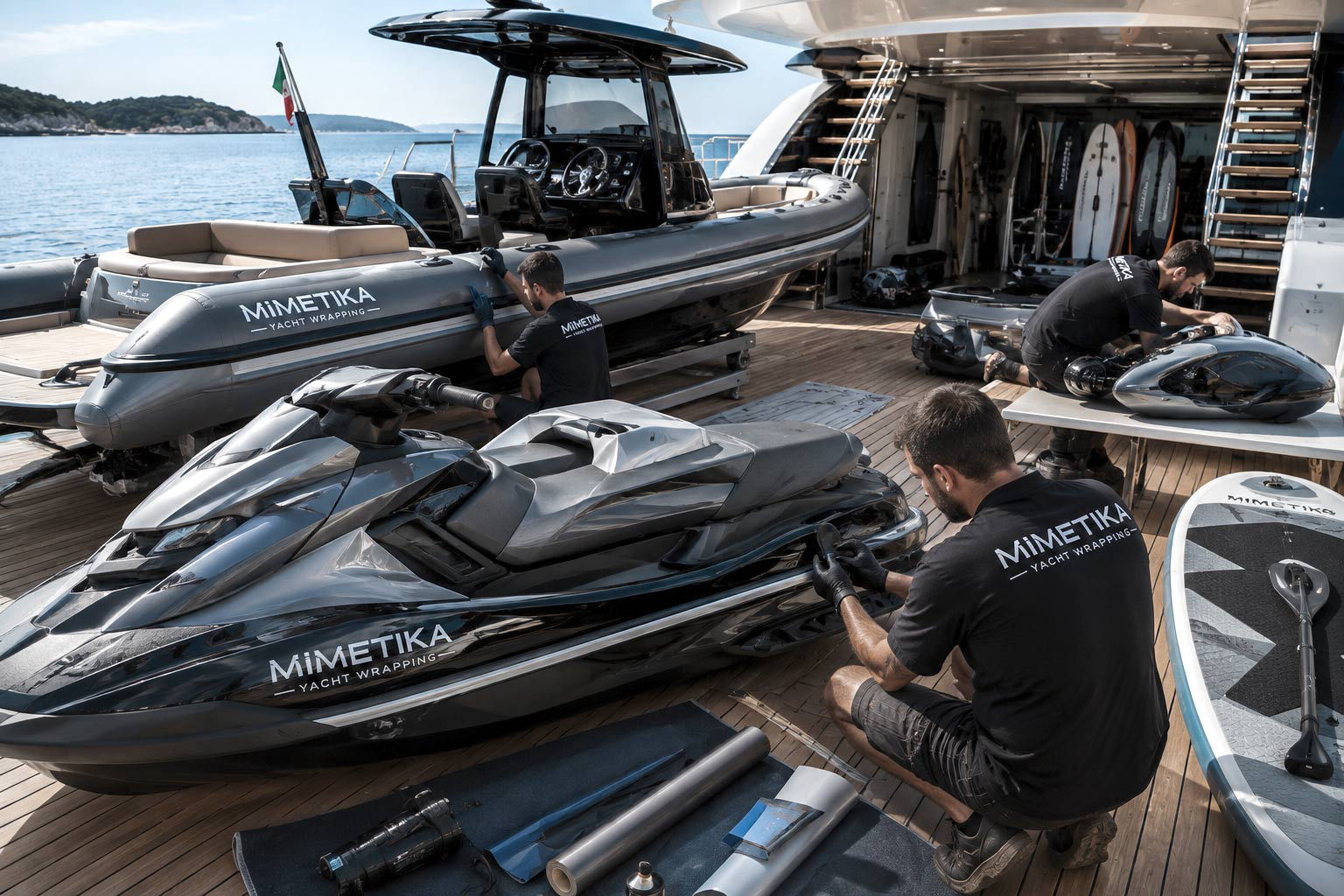 Mimetika applies advanced wrapping and protection systems to tenders, seabobs, jet skis and onboard equipment